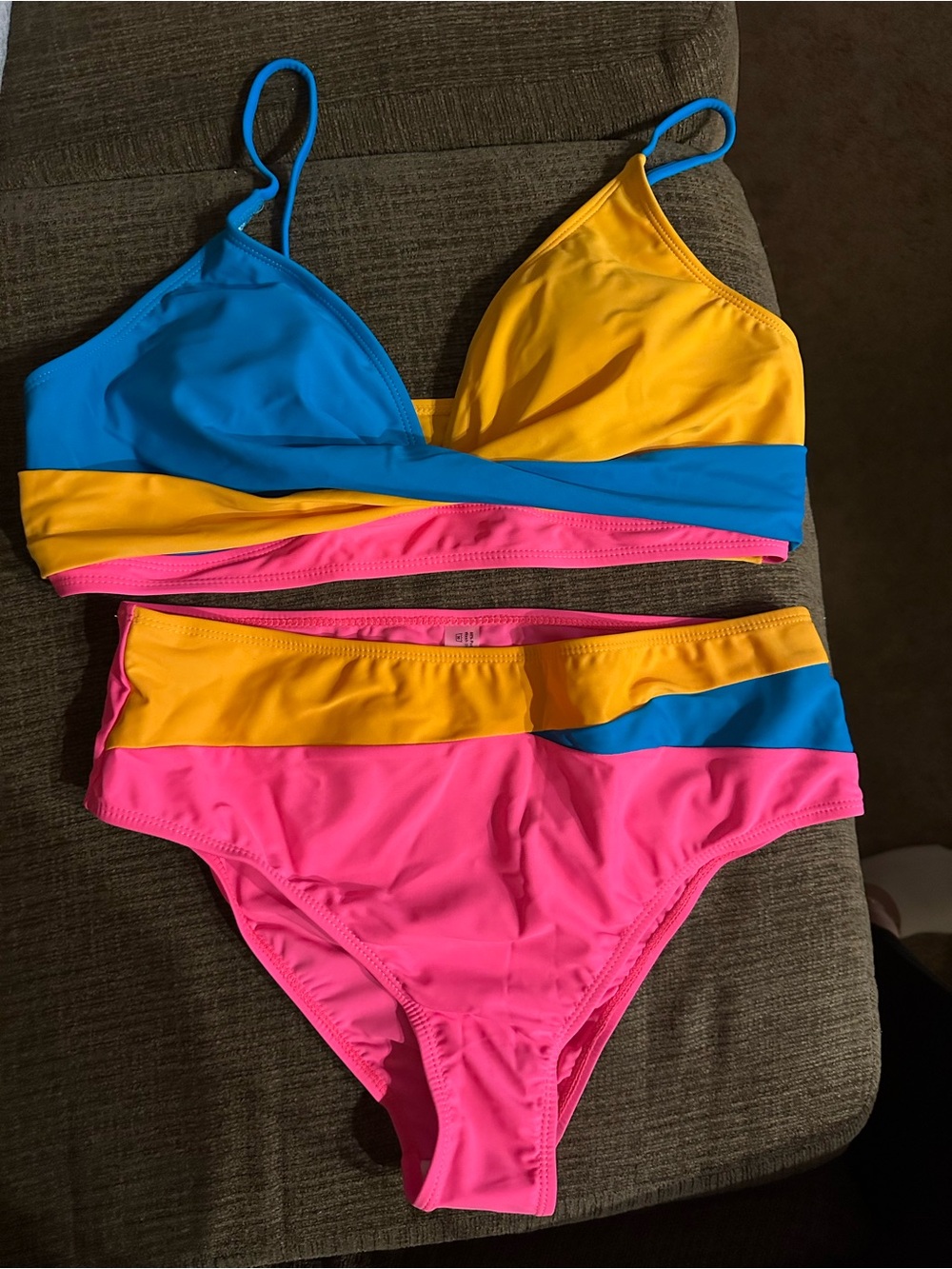 Popvil Colorblock Triangle Bikini Set in Blue, Yellow & Pink